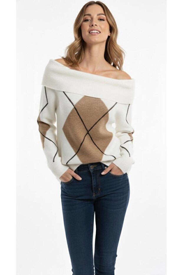 Women's Brown Beige Madonna Collar (Argyle) Argyle Pattern Open Shoulder Knitwear Sweater