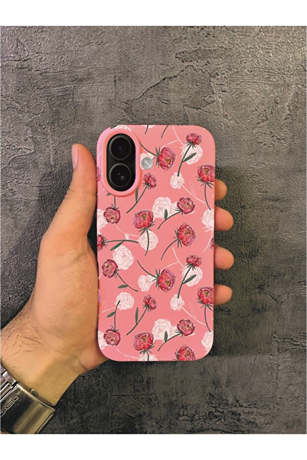 حافظة آيفون 16 بلس المتوافقة بنمط الورد والرسم التخطيطي باللون الوردي - 1