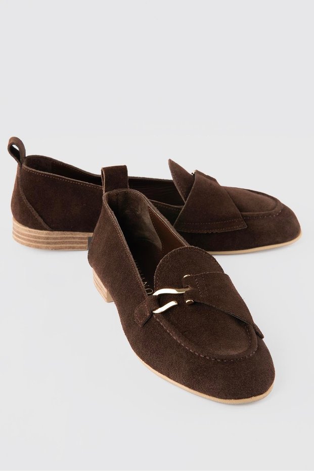 Women's Genuine Suede Leather Ballerinas Brown Demira with Gold Accessories