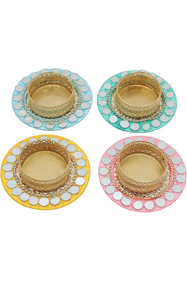 Set of 4 MDF Tealight Holders (3", Pink/Yellow/Green/Blue)