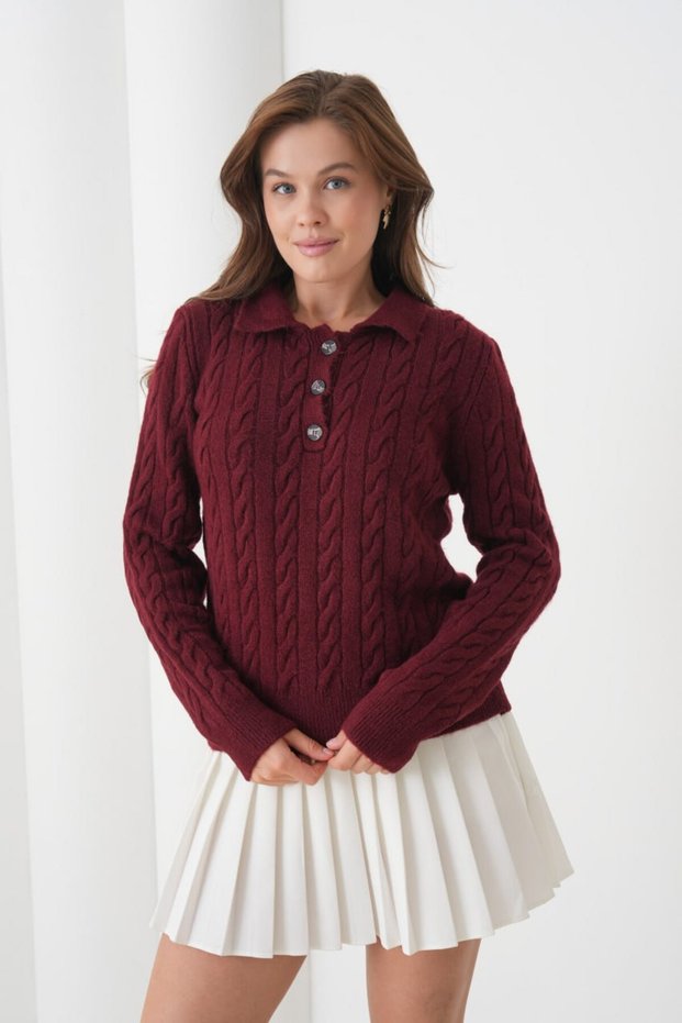 Hair Braid Detail Half Placket Button Polo Neck Knitwear Sweater Aw25Kz0097
