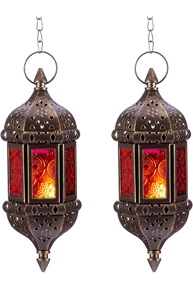 Hanging Hexagon Moroccan Candle Lanterns, 2-Pack, Bronze Metal with Red & Purple Glass