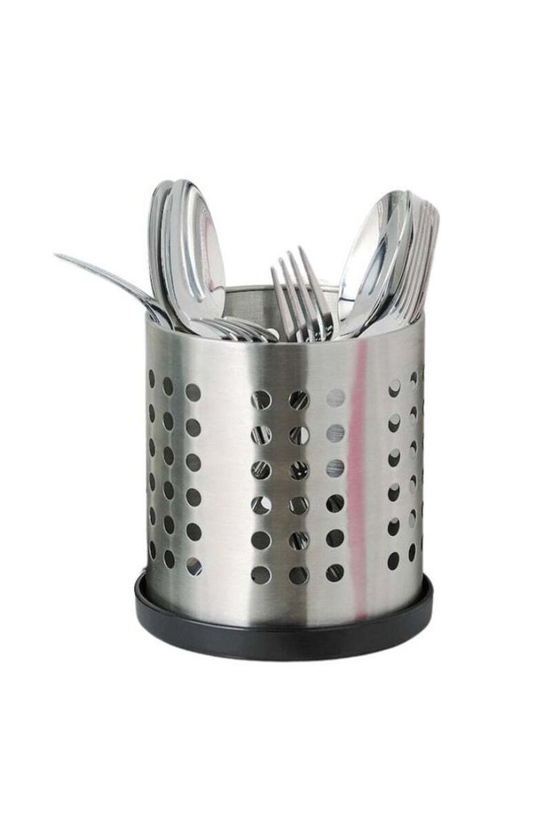 ORDNING Cutlery Holder & Tray Set – 13.5cm Stainless Steel Stand + Water-Collecting Base | Compact & Hygienic