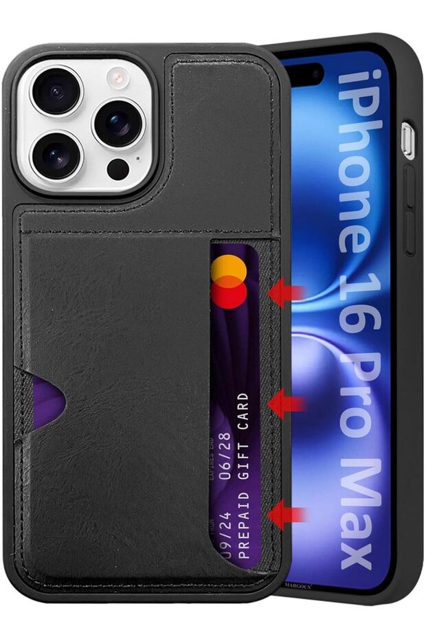 iPhone 16 Pro Max Leather Anti-Fingerprint Case with Wallet Card Slot (Black)