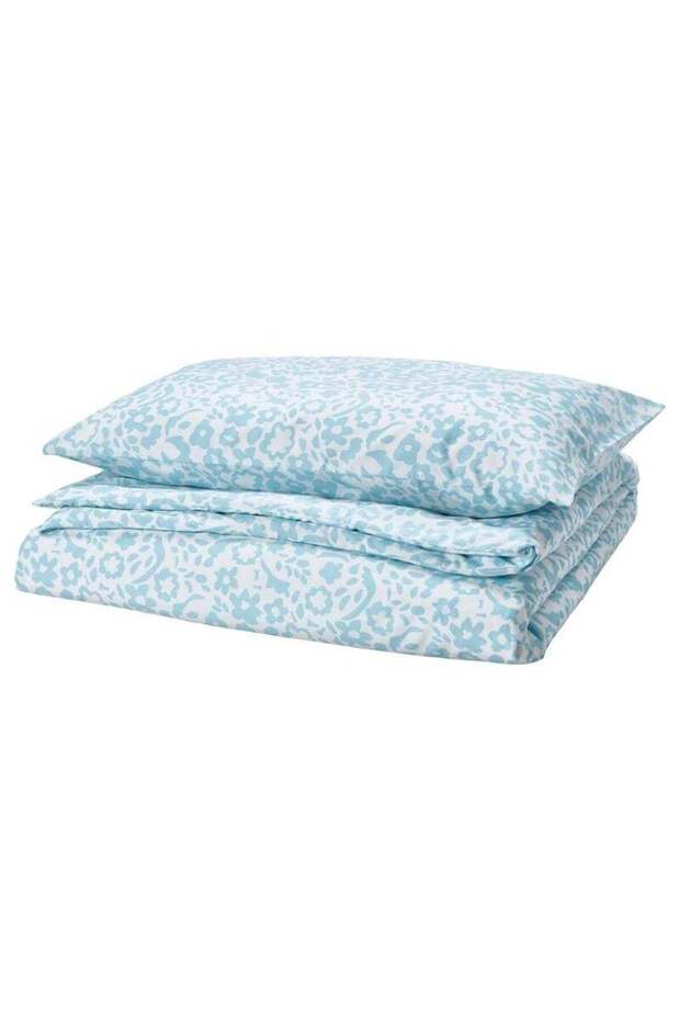 Duvet Cover and Pillowcase, White/Blue, Floral Design, Polyester, 150x200/50x80 cm