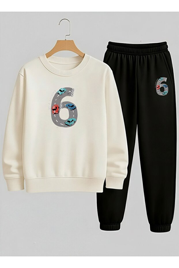 Boy's White Sweatshirt - Tracksuit Set Crew Neck 6 Car Printed 3 Thread Raised