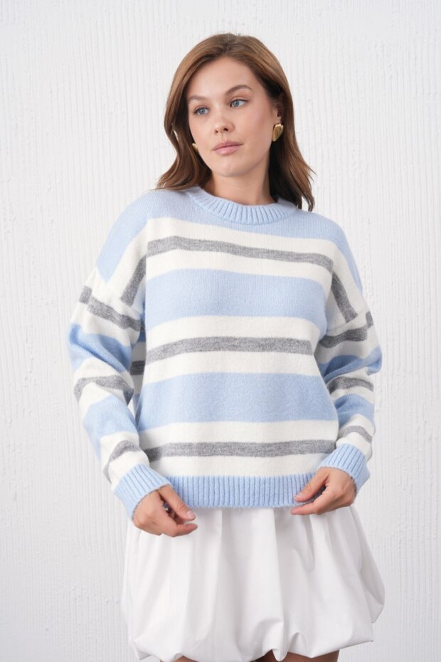 Soft Textured Color Block Oversized Knitwear Sweater Aw25Kz0100