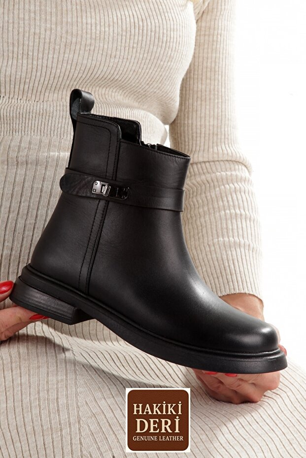Black Genuine Leather Heelless Daily Women's Boots Ar26