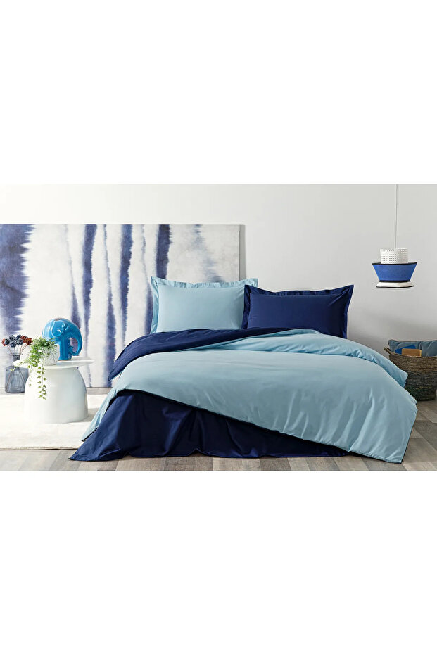 Colormix Duz Single Duvet Cover Set - Aqua Navy Blue