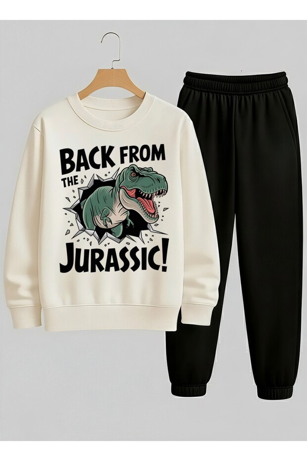 Boy's White Sweatshirt - Tracksuit Set Crew Neck Jurassic Printed 3 Thread Raised