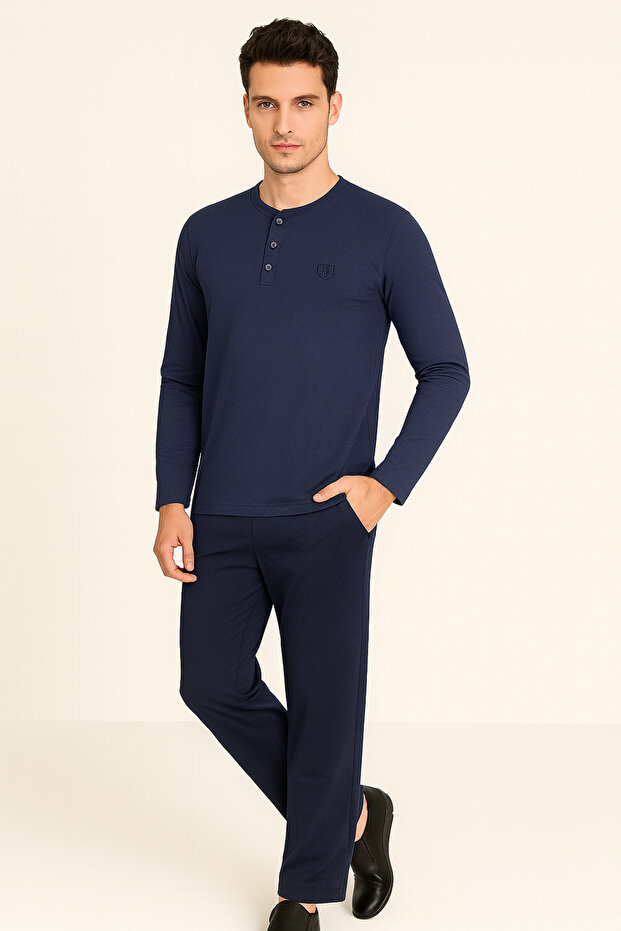 Men's Blue 100% Cotton Long Sleeve Pajama Set