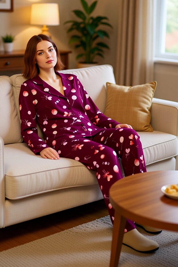 Women's Heart Printed Shirt Collar Pajama Set Functional Durable Quality Comfortable Stylish