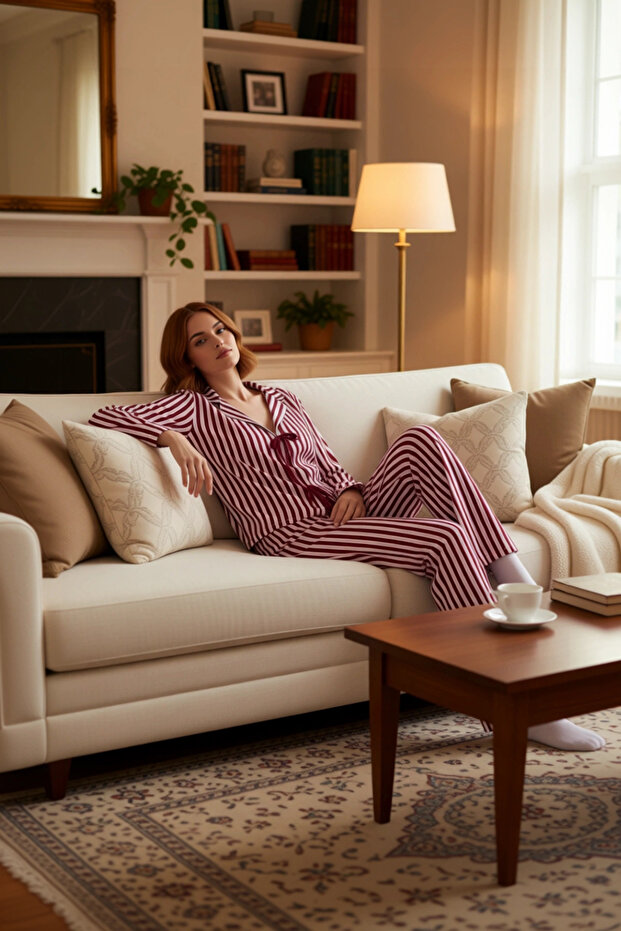 Women's Striped Shirt Collar Tie-Up Pajama Set Functional Durable Quality Comfortable Stylish
