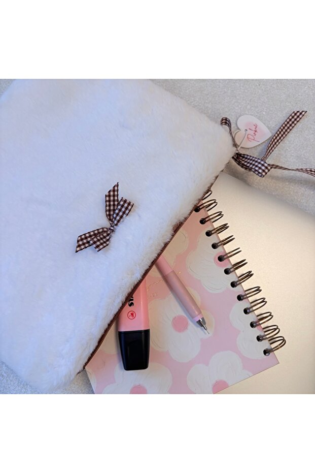 White Plush Laptop Cover with Coffee Ribbon Detail (41×29 cm)