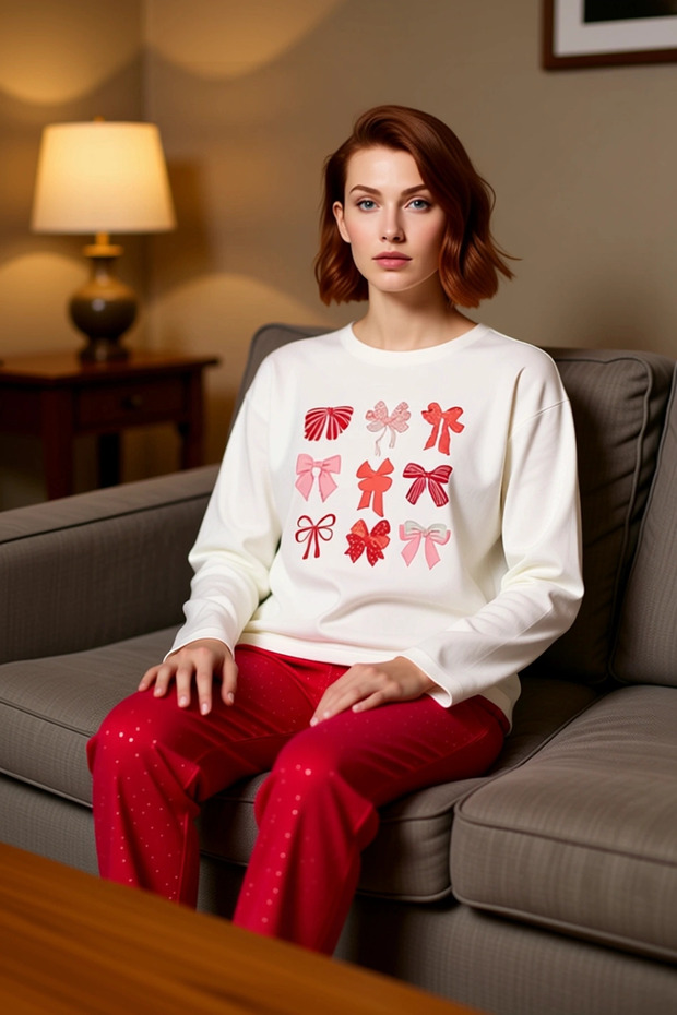Women's Ribbon Patterned Red Polka Dot Pajama Set Functional Durable Quality Sports