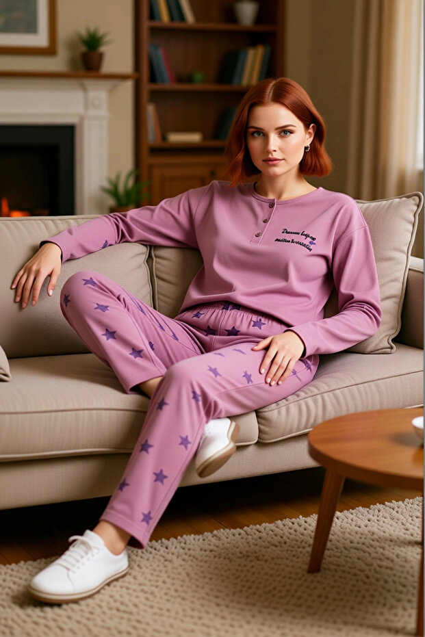 Women's Dusty Rose Star Printed Oversized Pajama Set Functional Durable Quality Sports