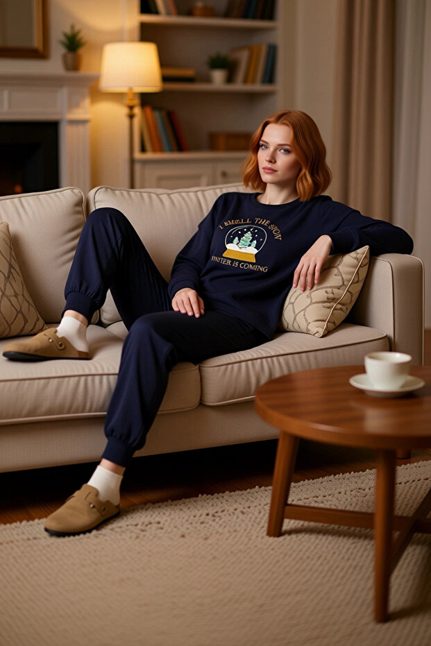 Women's Snow Globe Embroidered Crew Neck Knitted Pajama Set Functional Durable Quality Stylish