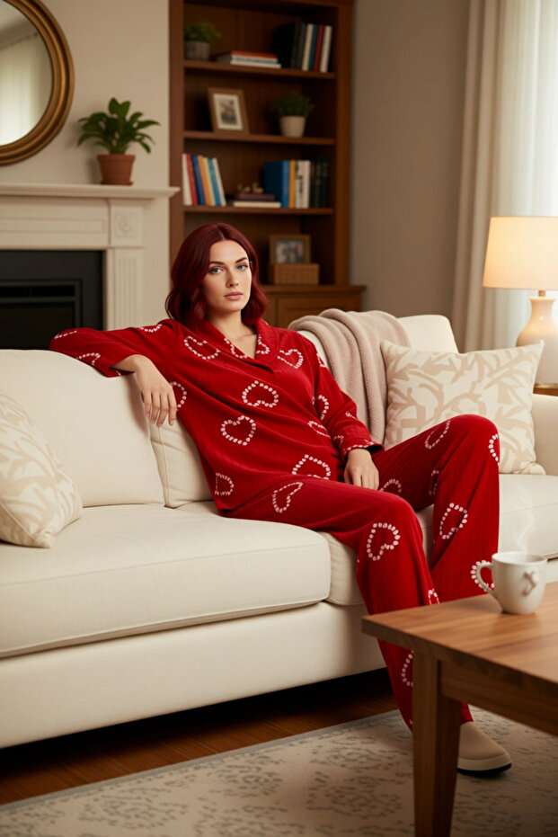 Red Heart Fleece Pajama Set Women's Functional Durable Quality Comfortable Aesthetic Stylish
