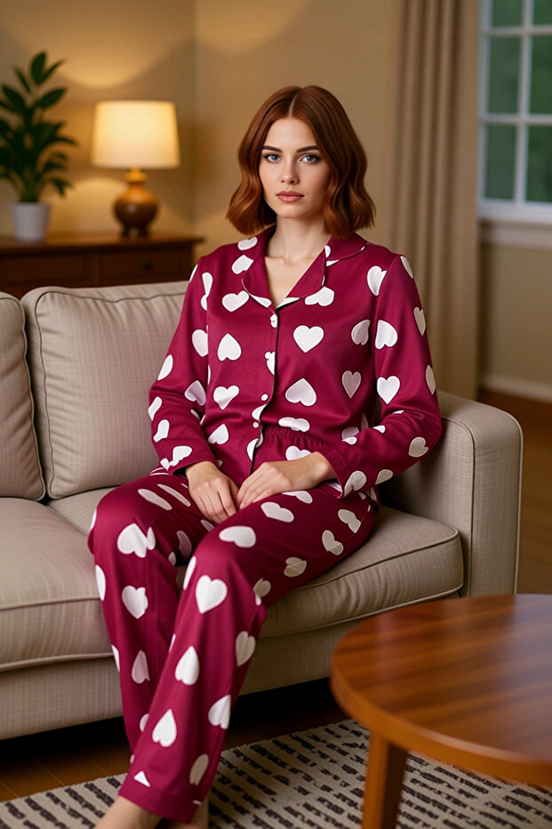 Women's Heart Patterned Plum Shirt and Pants Pajama Set Functional Durable Quality Stylish