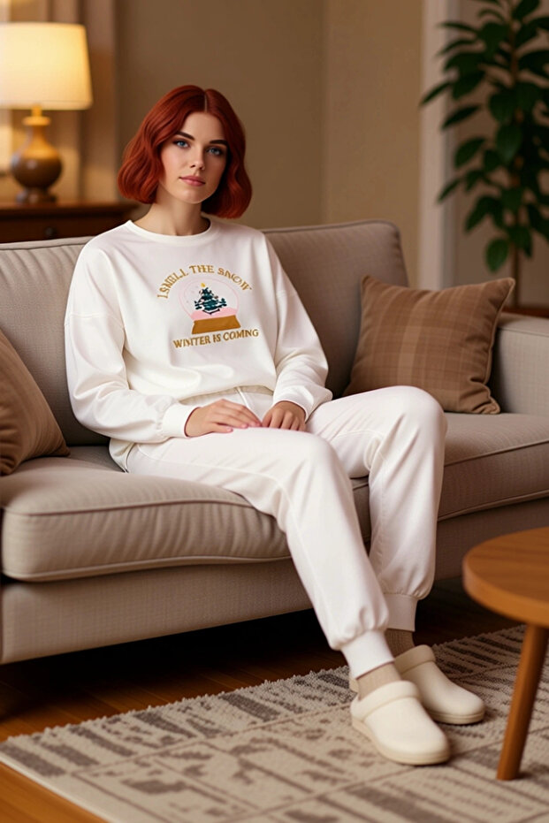 Women's Snow Globe Embroidered Crew Neck Knitted Pajama Set Functional Durable Quality Stylish