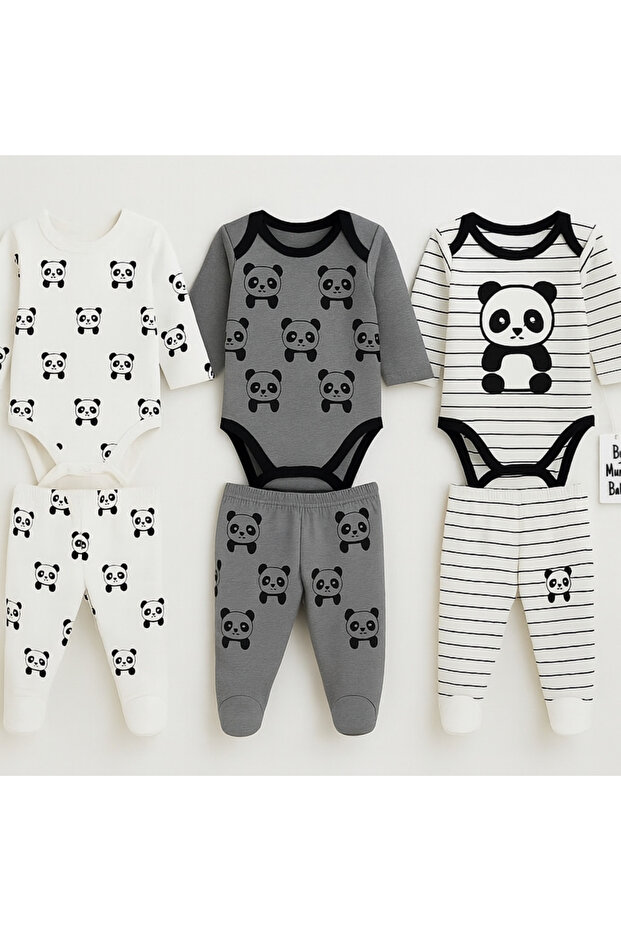 Panda Patterned 3-Piece Bodysuit Set with Booties, 6 Pieces, 100% Cotton