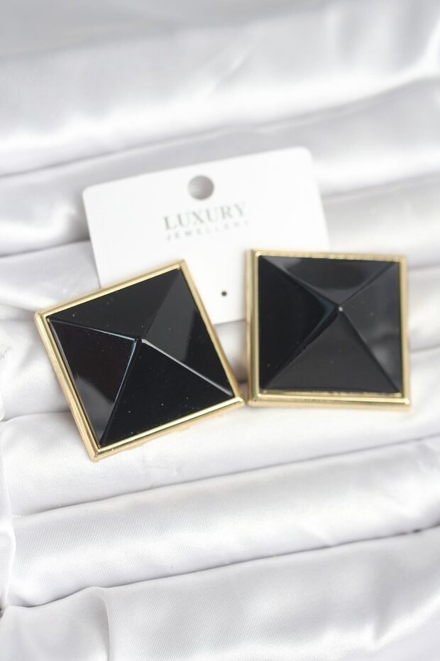 Brass Gold Color Black Pyramid Model Women's Earrings -