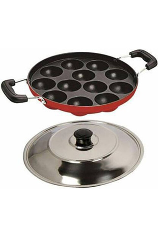 PRIME BAKER 12 Cavities Non Stick Appam Patra with Lid (22 cm, Aluminium)