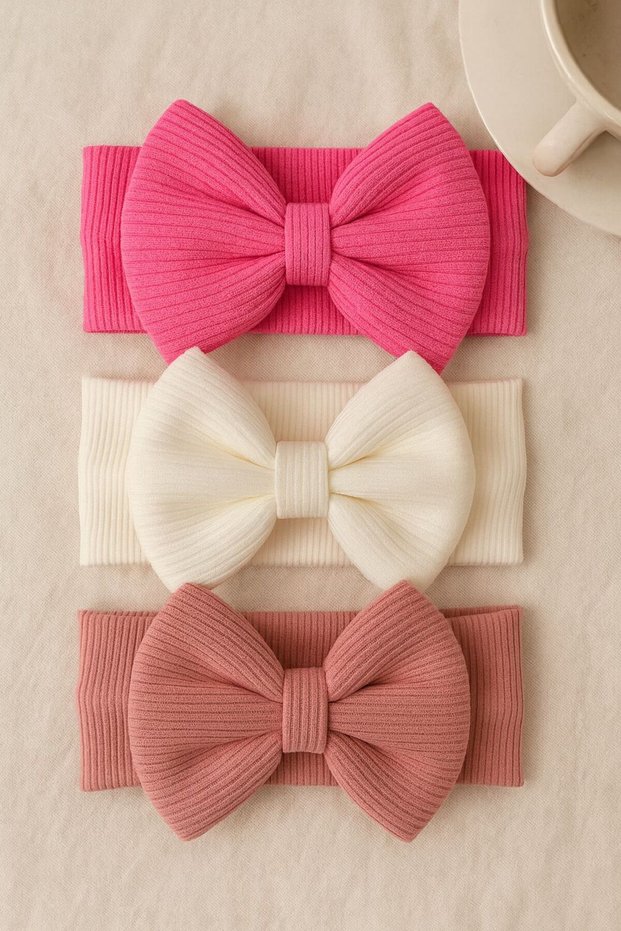 Baby Girl & Child Bow Bandana Set of 3 (Fuchsia/White/Dusty Rose)