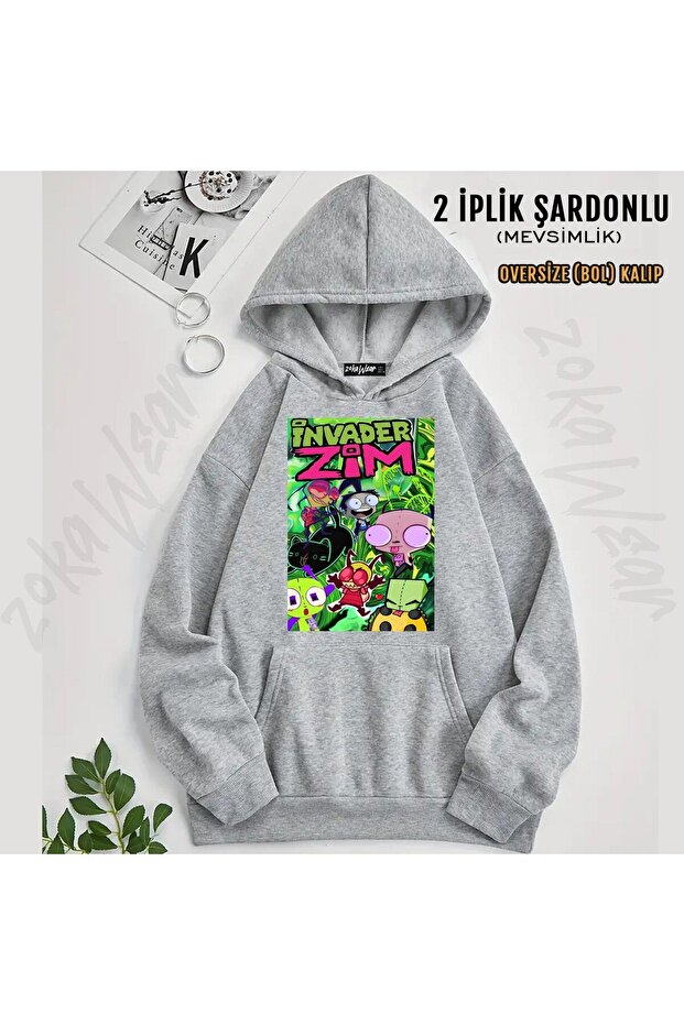 سترة Invader Zim v18 مطبوع بغطاء رأس (خيطين)