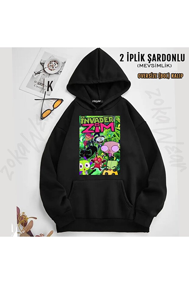 سترة Invader Zim v18 مطبوع بغطاء رأس (خيطين)