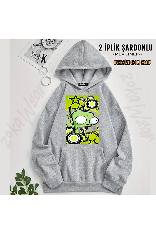 سترة Invader Zim v1 مطبوع بغطاء رأس (خيطين)