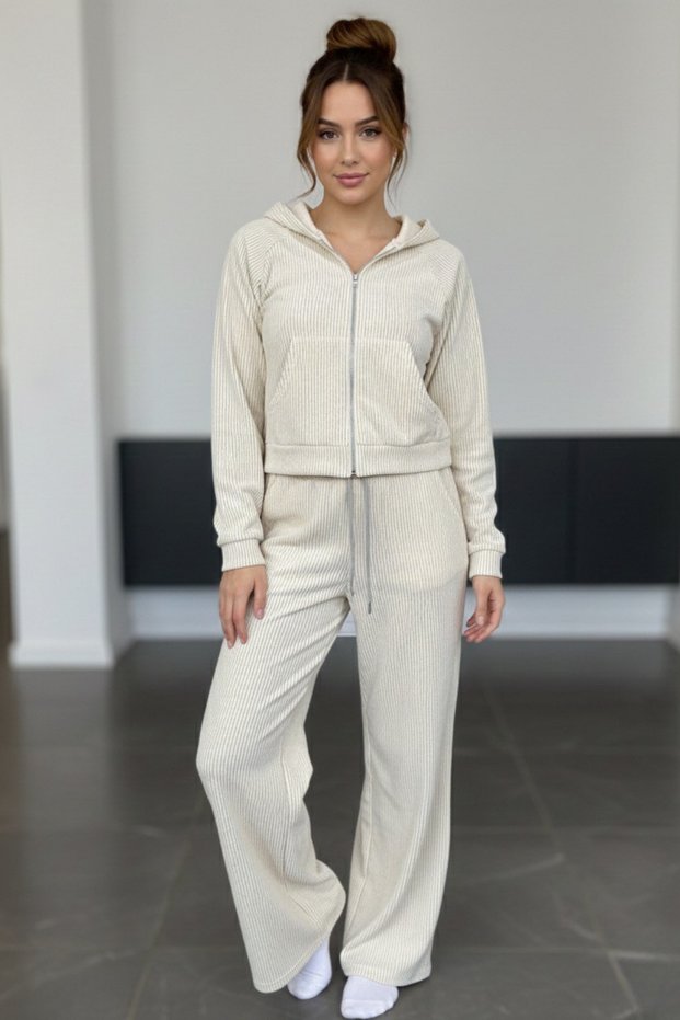 Women's Comfortable Fit Velvet Top and Bottom Two-Piece Set Zippered Top Elastic Waist Bottom Stone Color