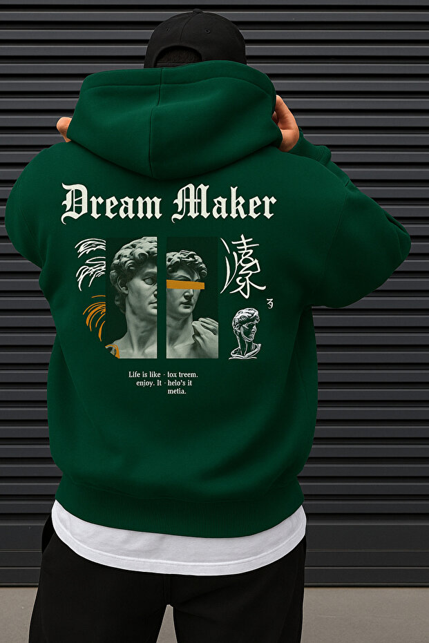 سترة رجالية من 3 Yarns K بغطاء رأس بجيب على شكل كنغر وطباعة خلفية بتصميم Sculpture Dream Maker