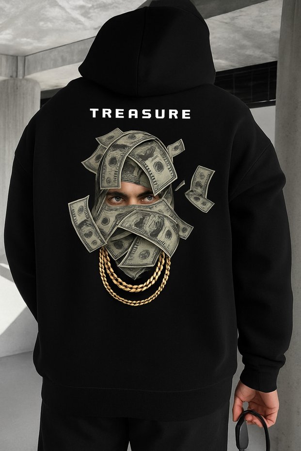3-Thread Fabric Hooded Kangaroo Pockets, Mask in the Shape of Money Printed Oversized Sweatshirt