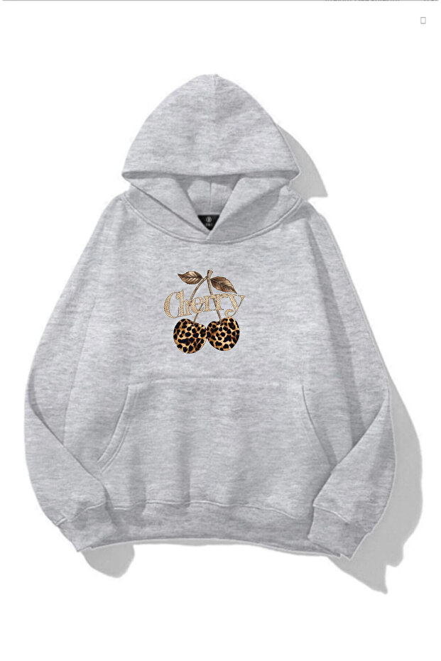 Women's Winter Leopard Cherry Printed Hooded Kangaroo Pocket Regular Sweatshirt