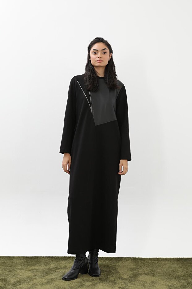 DERİ DETAYLI ELBİSE - 1