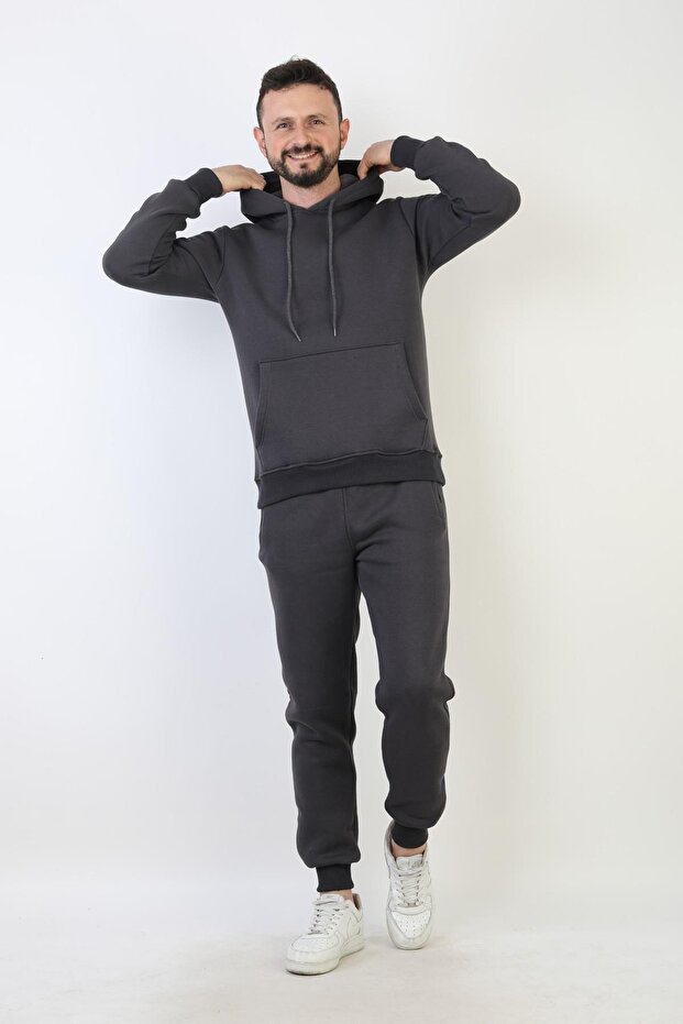 Plain Hooded Three Thread Sh Fleece-Lined Men's Tracksuit Set