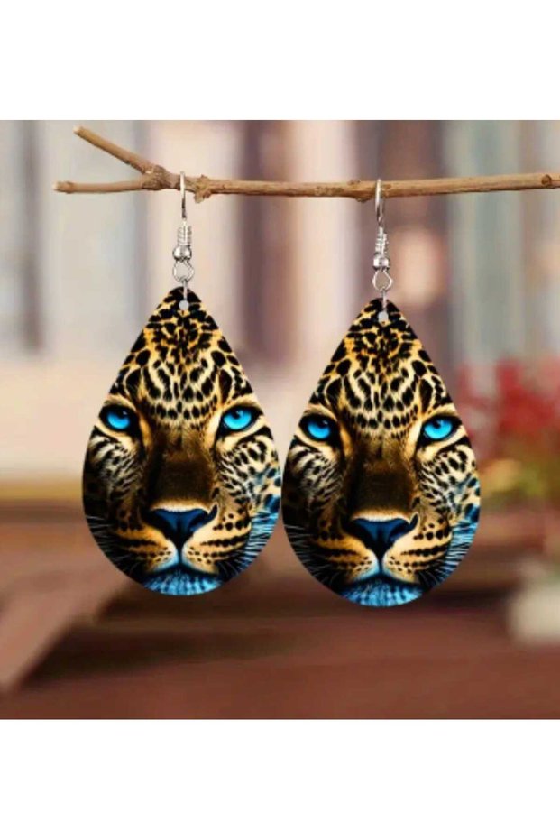 Tiger Figured Dangle Wooden Top Steel Earrings Animal World Daily Stylish Still Earrings