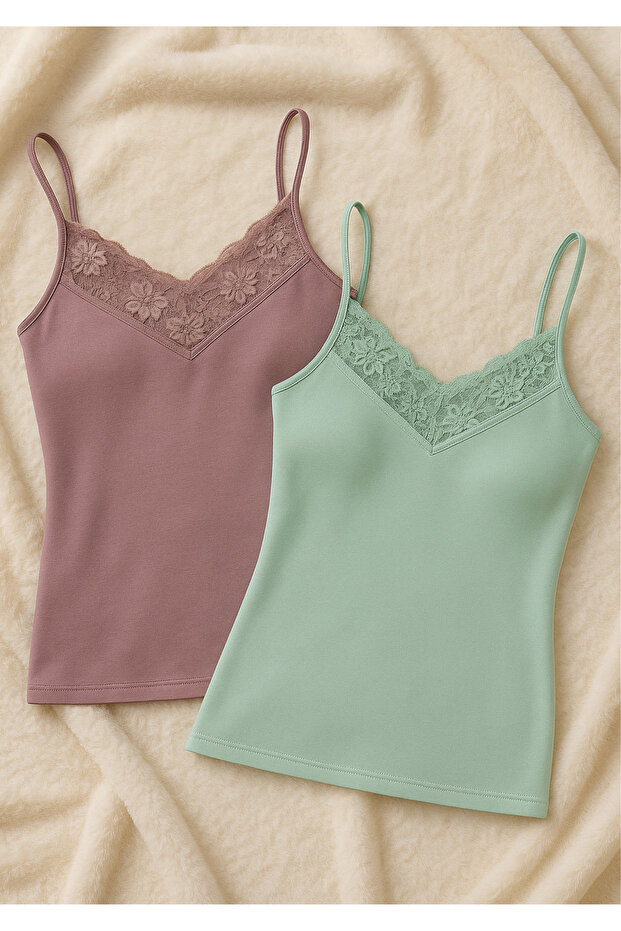 2-Pack Lace Detailed String Strap Tank Top - Soft Textured Clothing Made from Cotton and Modal Blend