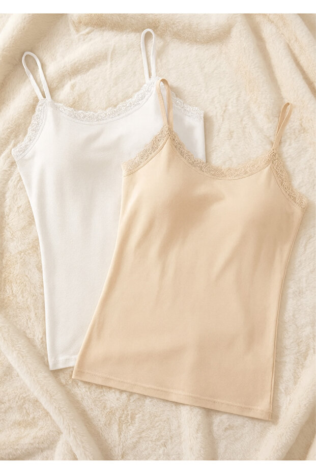 2-Pack Women's Lace Detailed String Strap Tank Top - 48% Cotton 47% Modal Soft Textured Stretchy Clothing