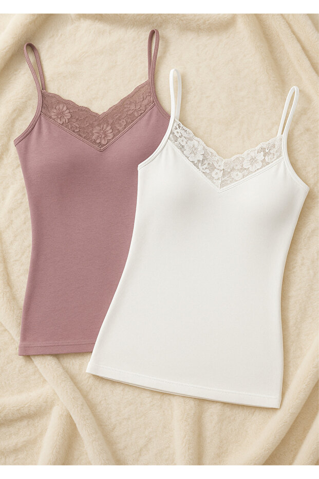 2-Pack Lace Detailed String Strap Tank Top - Soft Textured Clothing Made from Cotton and Modal Blend