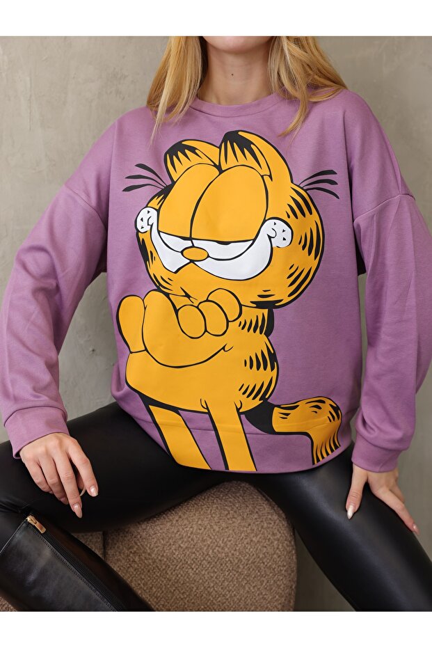 Grody.T Long Sleeve Off-Shoulder Thick Garfield Printed Purple Sweatshirt