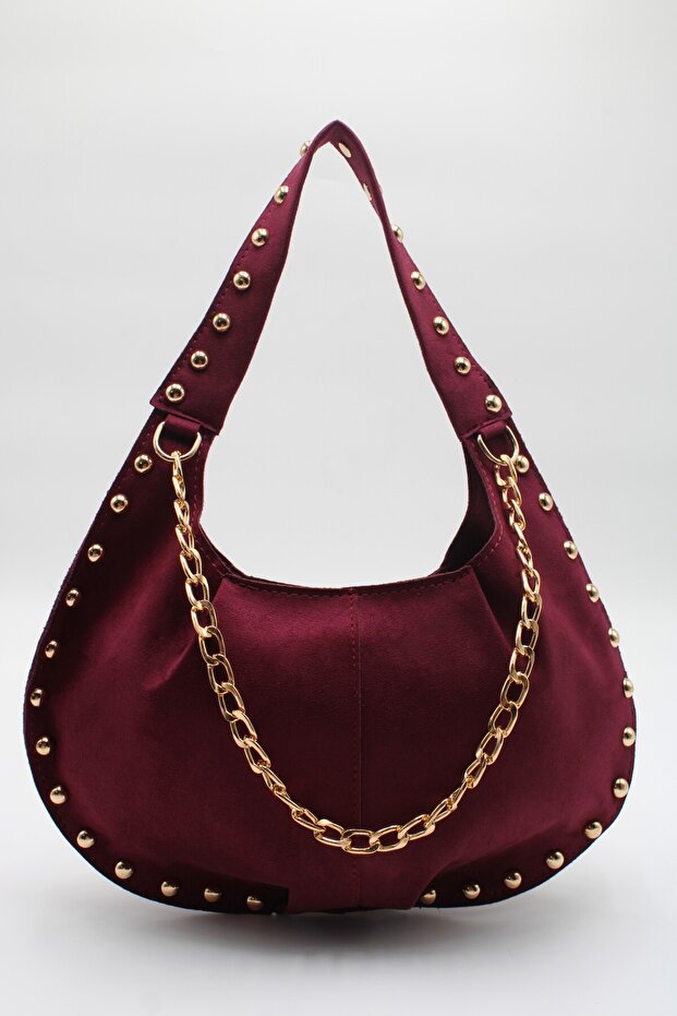 Women's Burgundy Suede Handbag with Studded Detail and Chain Accessory
