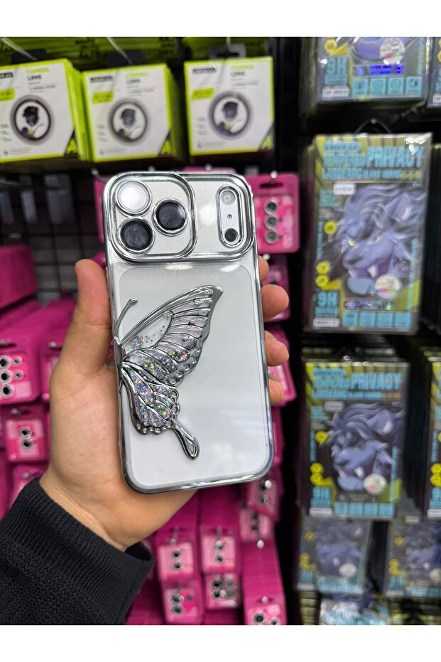 حافظة متوافقة مع آيفون 17 برو مع عدسة لامعة وبراقة ونمط فراشة - 1