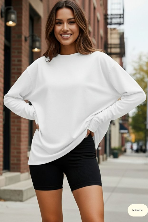 Women's White Relax Fit Comfortable Cut 100% Cotton Long Sleeve Crew Neck Basic T-Shirt