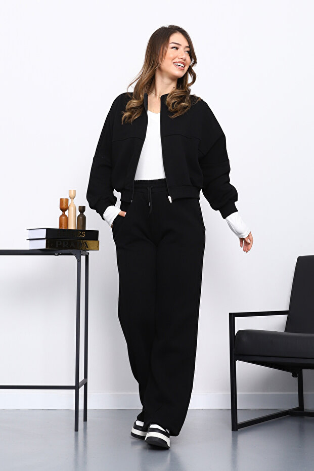 Black Three Thread Sweat Cardigan Trouser Set