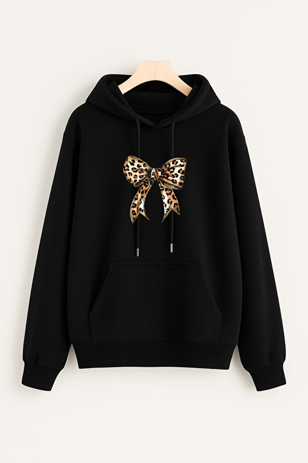 Women's Winter Cotton Leopard Bow Printed Hooded Kangaroo Pocket Regular Sweatshirt