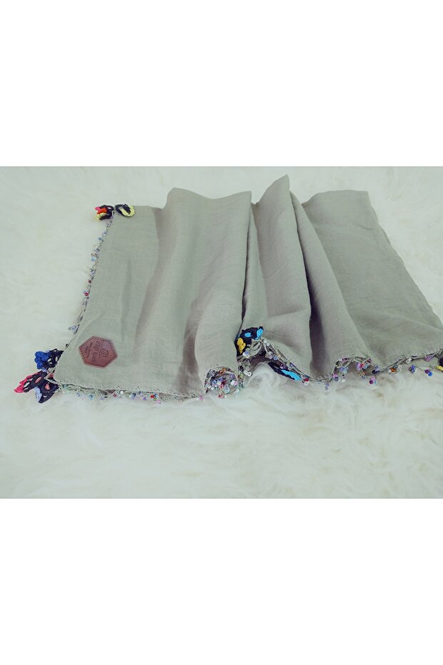 100% Cotton Ezgi Scarf with Floral Pattern Motifs and Beaded Crochet Writing, Kerchief, Mevlit Shawl