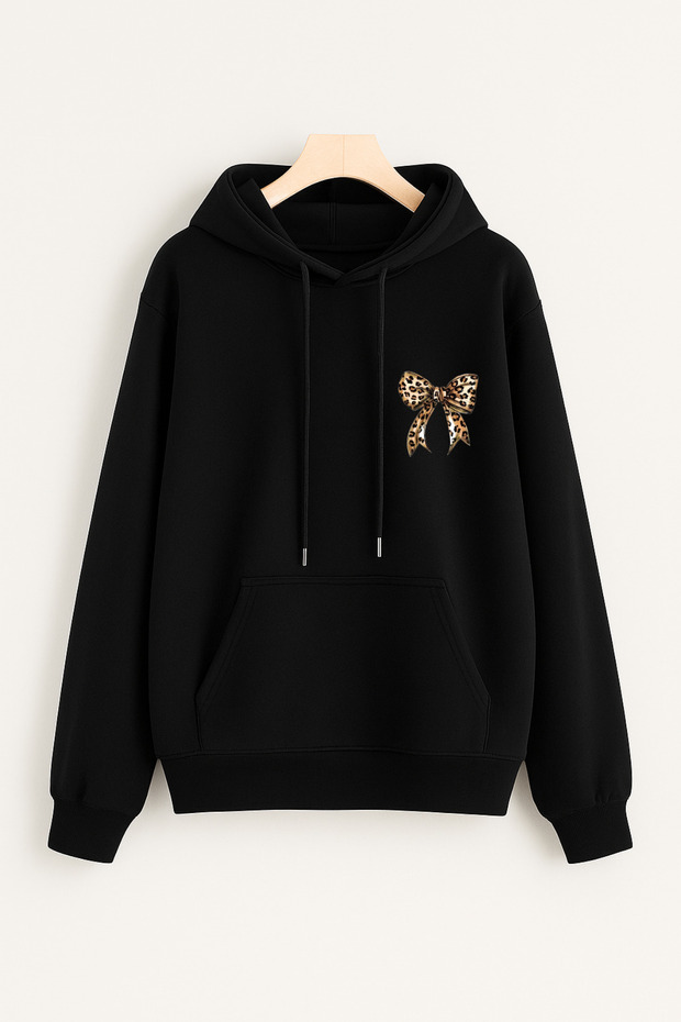 Women's Winter Minimal Leopard Bow Printed Hooded Regular Sweatshirt with Kangaroo Pocket