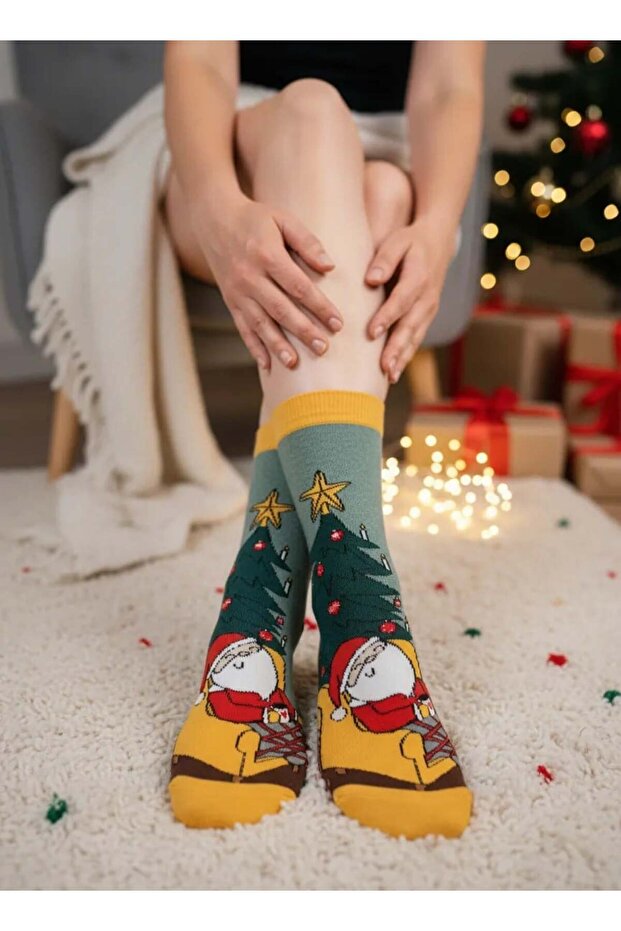 Yellow Star Santa Claus Themed Towel Christmas Stocking - Cm174
